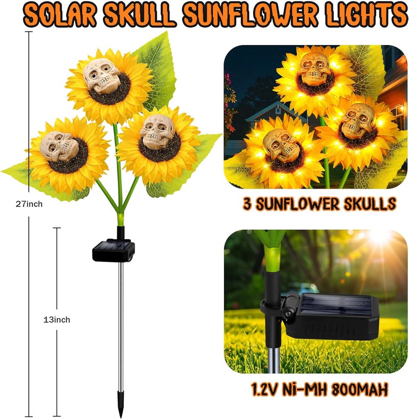 SANDECO Halloween Decorations Outdoor, 4 Pack Solar Scary Skull Sunflowers Lights,Waterproof Solar Flowers Lights Garden Decor for Halloween Yard Patio Lawn Party Decor - Image 2